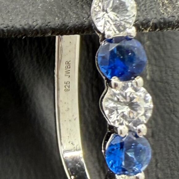 Blue Sapphire White Sapphire Leverback Earrings 925 Sterling Silver Hoop Huggie - Picture 8 of 8
